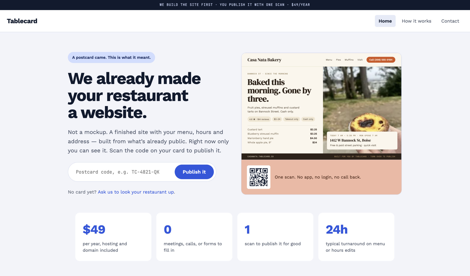 Tablecard restaurant website postcard